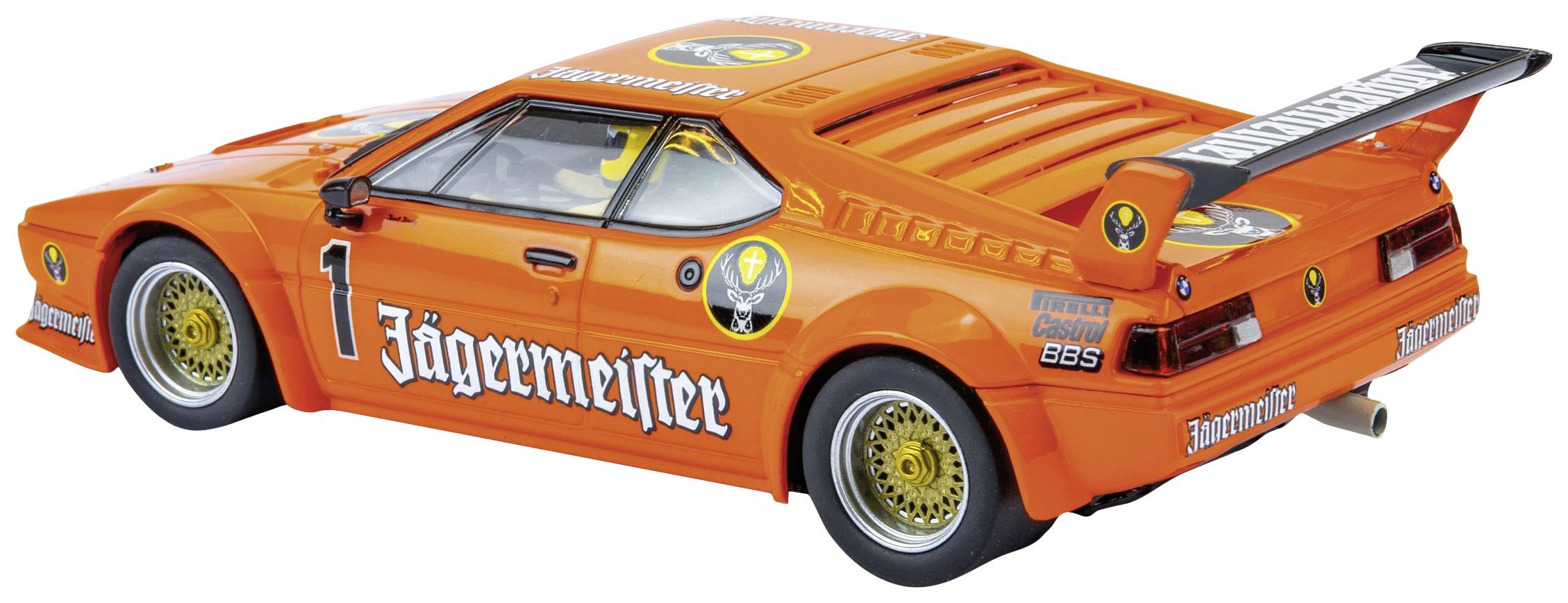 Ein orangefarbenes Rennauto mit weißen Jägermeister-Logos und der Nummer 1 auf Karosserie und Türen, parkend auf einer weißen Fläche.