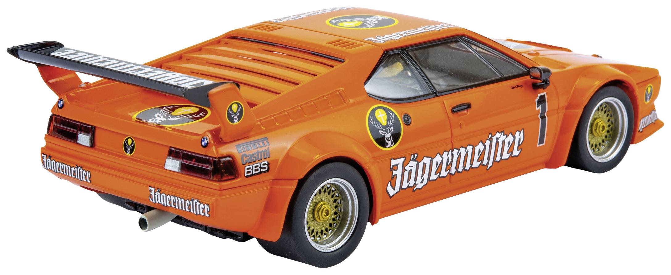 Oranges Spielzeugauto im Rennwagenstil mit 'Jägermeister'-Aufklebern und großem Heckspoiler. Classic-Design und detailgetreu.
