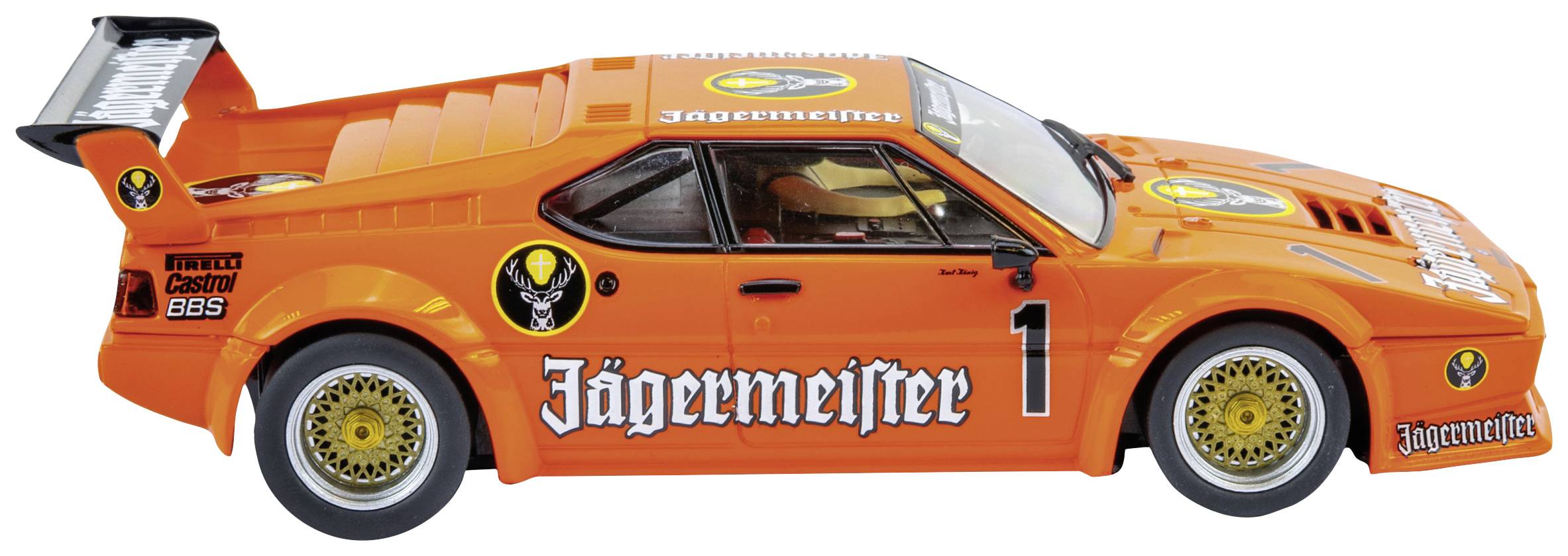 Ein orangefarbenes Rennfahrzeug mit der Aufschrift 'Jägermeister' und der Nummer '1' auf der Seite.