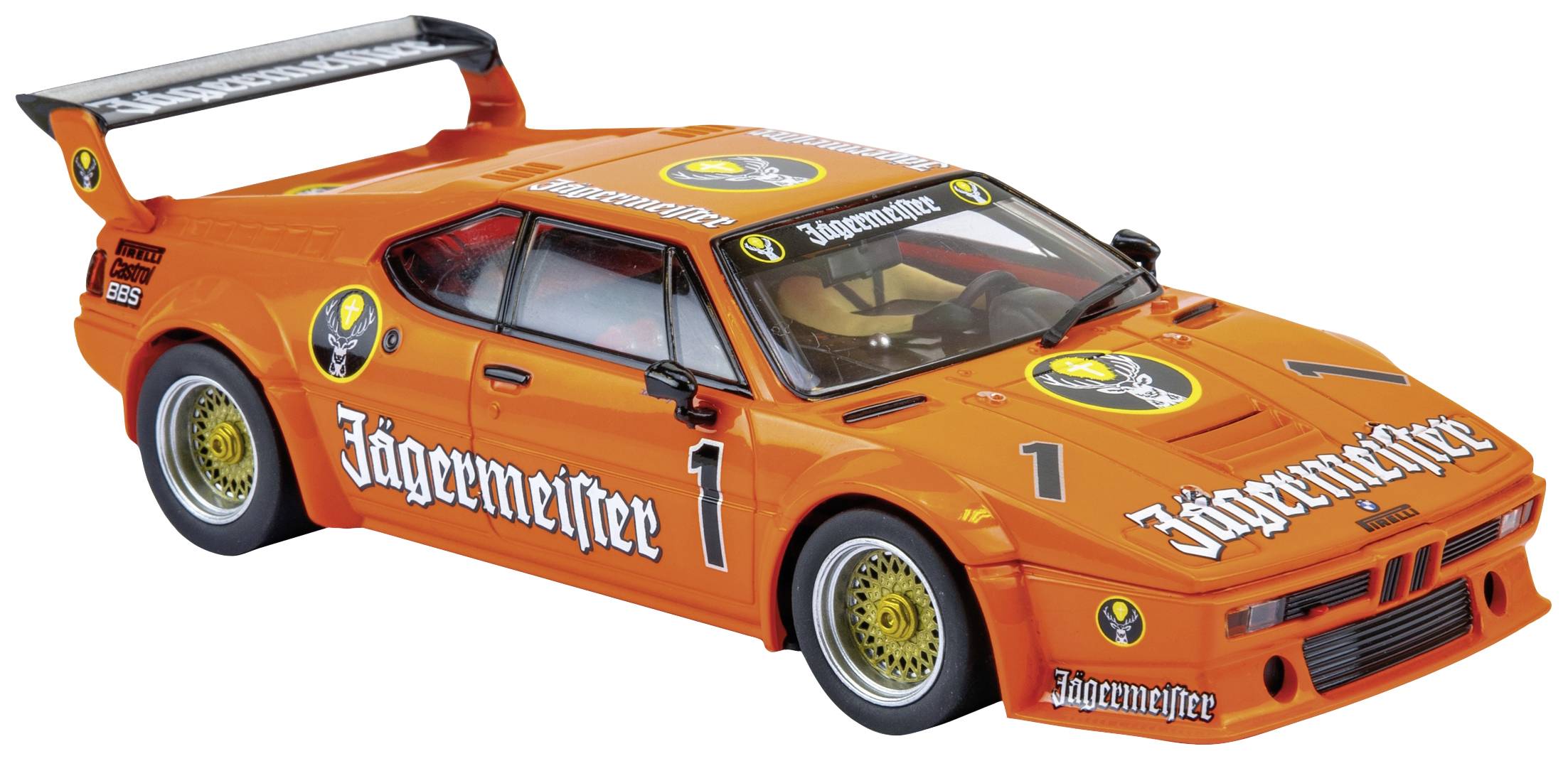Ein orangefarbenes Rennauto mit Jägermeister-Logos steht auf weißem Hintergrund. Das Auto ist ein Modellauto mit einem Heckflügel.