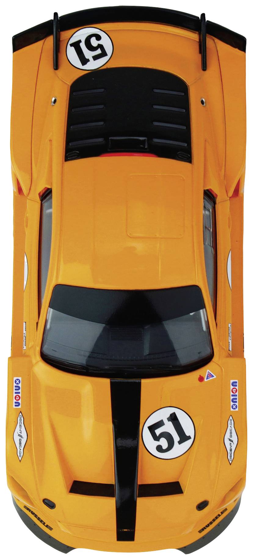 Spielzeugauto in leuchtendem Orange mit schwarzen Streifen und der Nummer 51 auf Motorhaube und Dach.