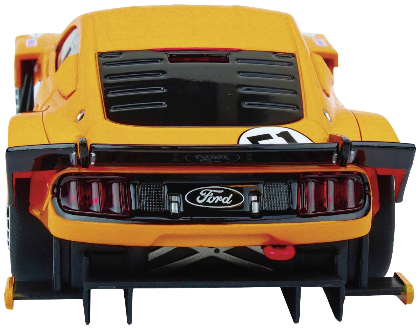 Ein orangefarbenes Spielzeugauto mit dem Ford-Logo auf der Rückseite. Das Auto hat schwarze Heckspoiler und Rückleuchten.