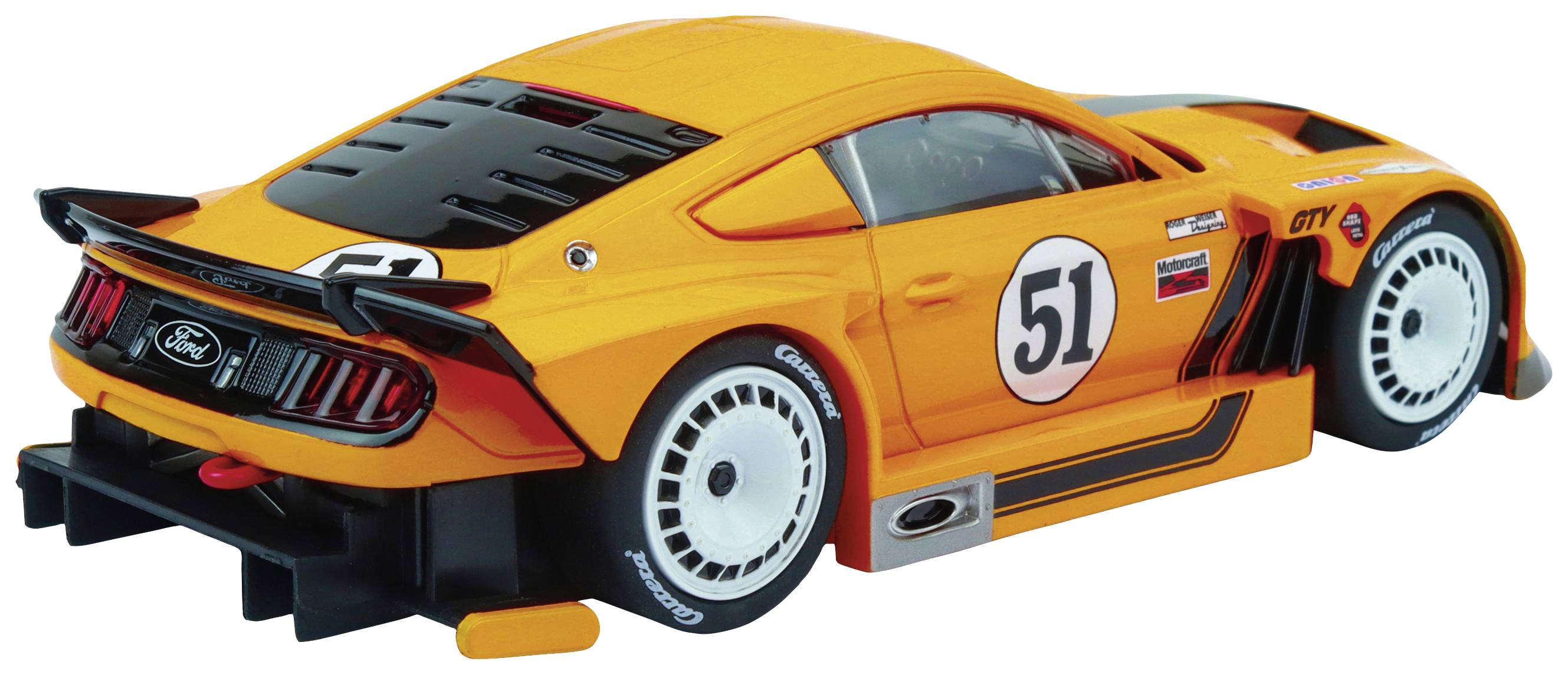 Ein orangefarbenes Spielzeugauto mit der Nummer '51', das einem Sportwagen ähnelt, steht auf einem weißen Hintergrund.