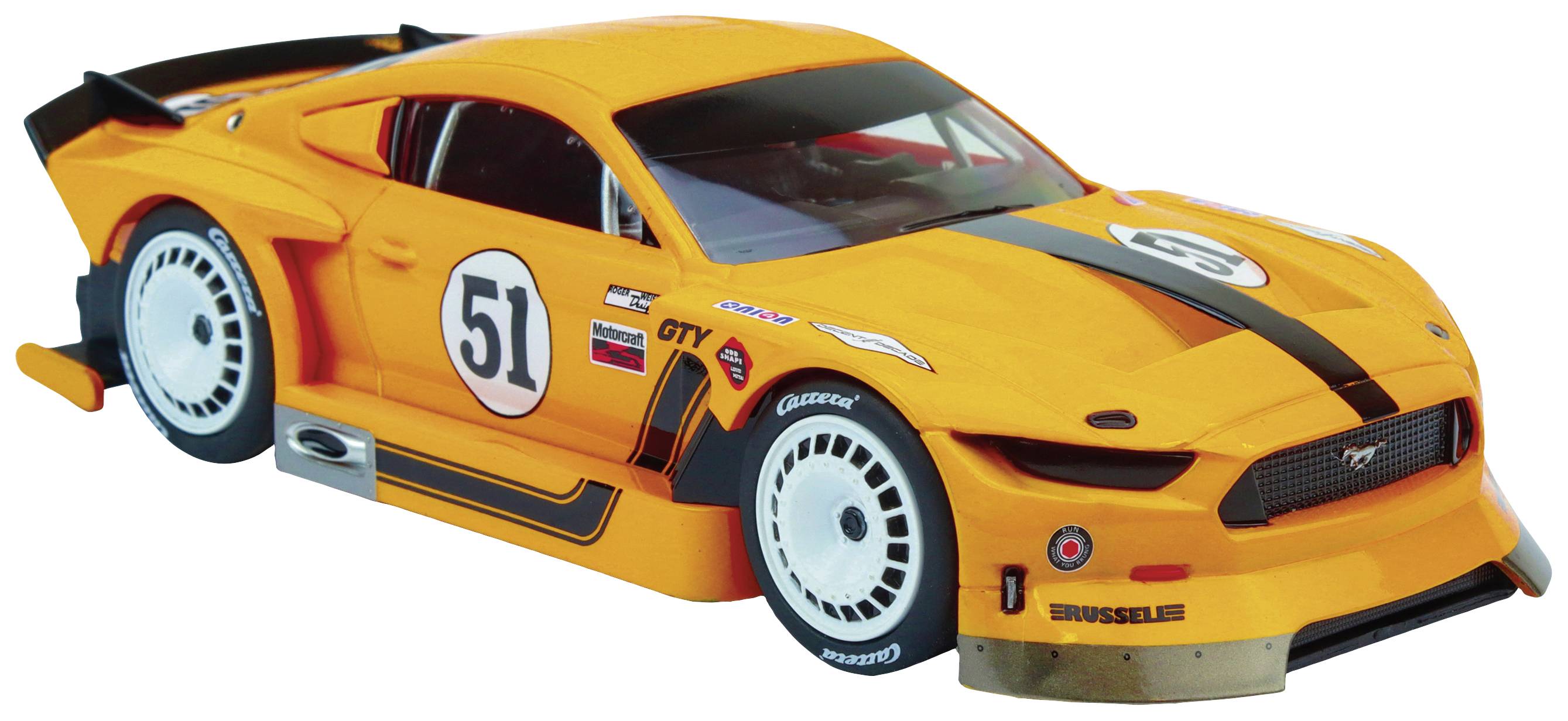 Ein orangefarbenes Spielzeugrennfahrzeug mit der Nummer 51 auf der Tür, sportliches Design, schwarzer Streifen über die Motorhaube.