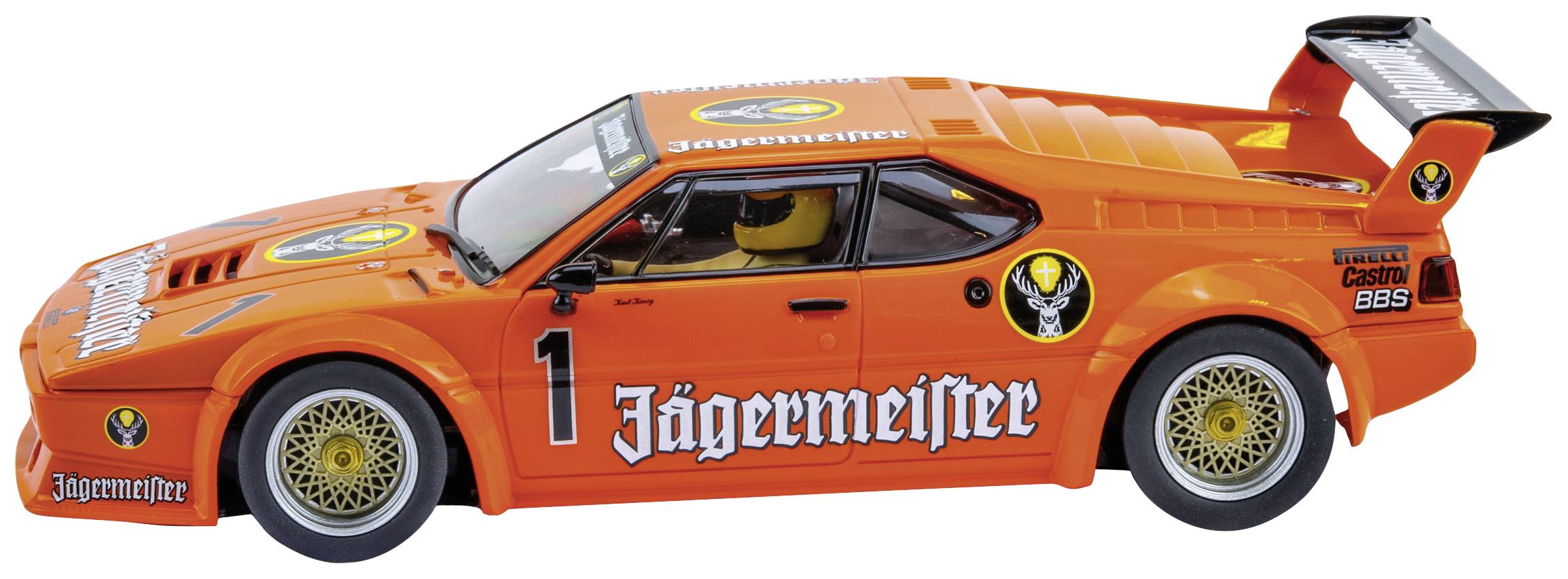 Orangefarbenes Spielzeugauto im Rennwagendesign mit 'Jägermeister' Branding, schwarzem Spoiler und gelben Felgen auf weißem Hintergrund.
