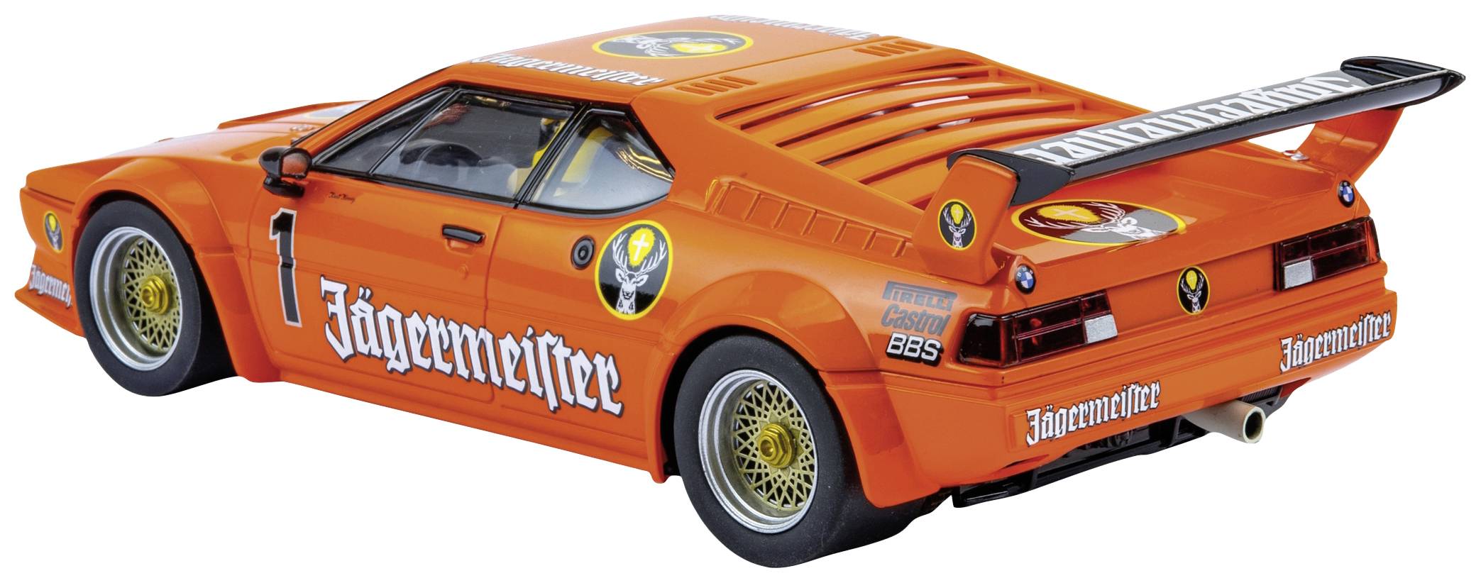 Orangefarbener Rennwagen mit Spoiler, Jägermeister-Logos und Startnummer 1 auf der Seite. Retro-Design mit BBS-Rädern.