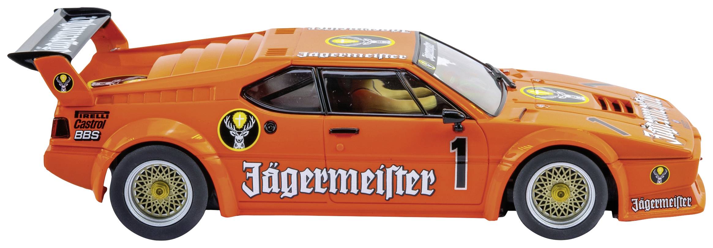 Orangefarbenes Rennwagenmodell mit Jägermeister-Logo, großen Heckflügel und Rennnummer eins auf der Seite.