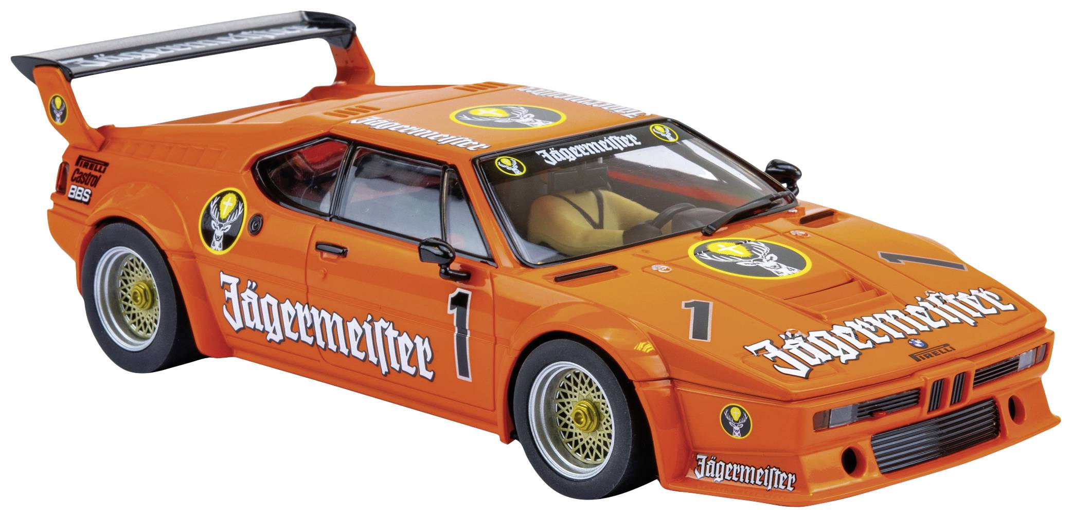 Ein orangefarbenes Modellrennwagen mit dem Logo 'Jägermeister' und Startnummer 1. Der Wagen hat einen großen Heckspoiler.