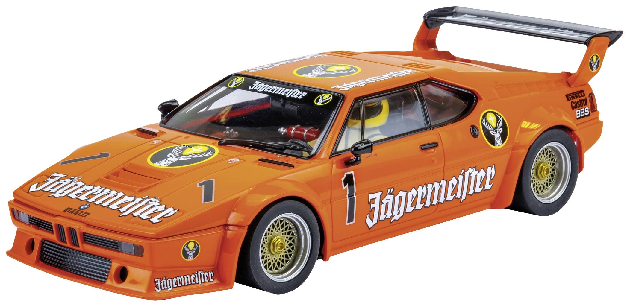 Ein orangefarbenes Rennsportauto mit markanten Jägermeister-Logos auf der Karosserie. Es hat einen auffälligen Heckspoiler und sportliche Felgen.