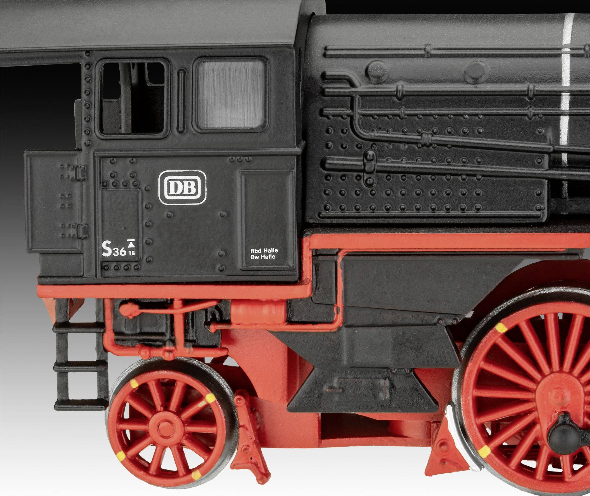 Rote und schwarze Miniatur-Lokomotive der Deutschen Bahn mit detaillierten Teilen und Rädern, seitliche Ansicht.