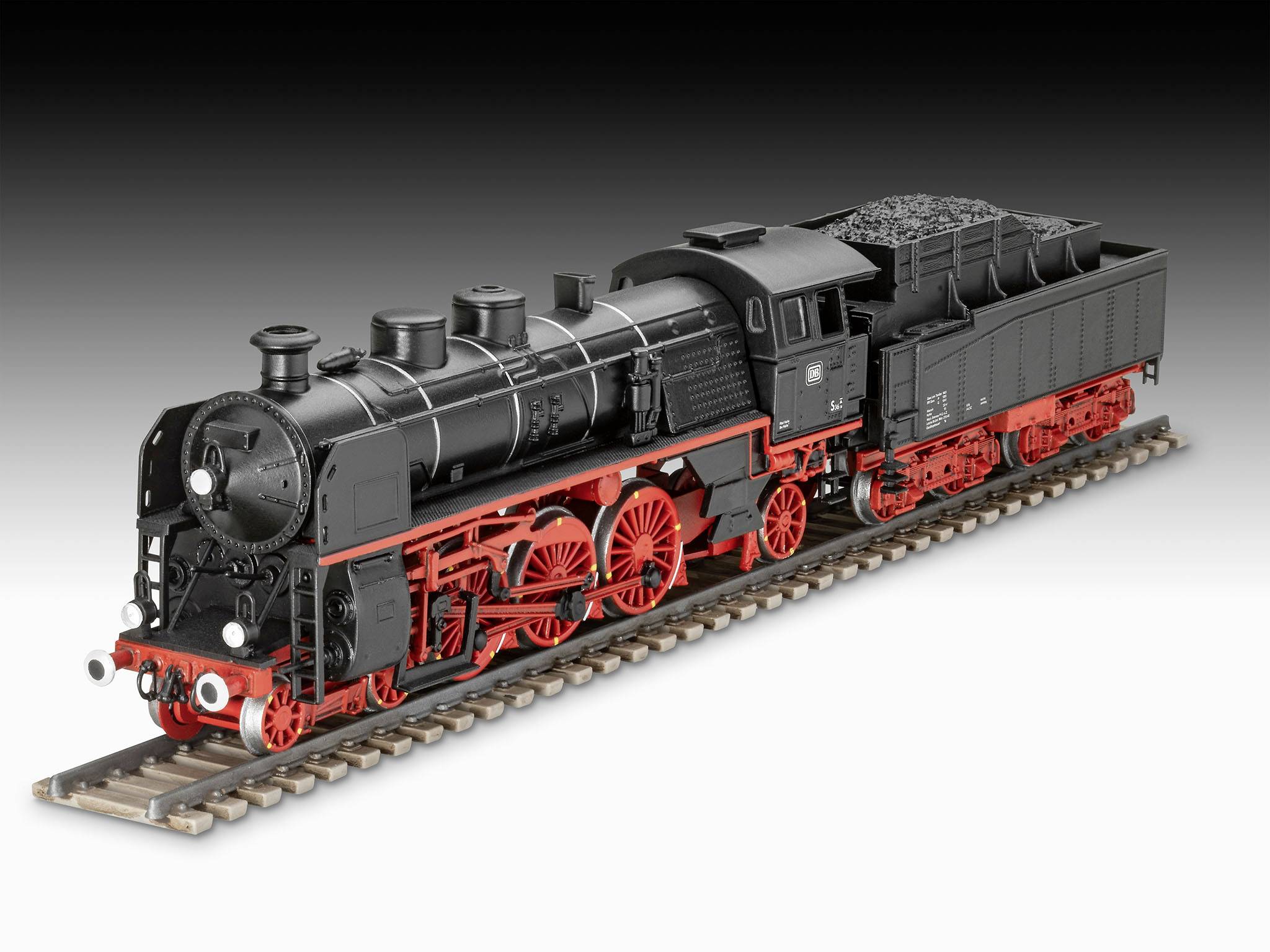 Ein Modell einer historischen Dampflokomotive auf Gleisen, schwarz mit roten Rädern, zeigt detaillierte technologische Merkmale.