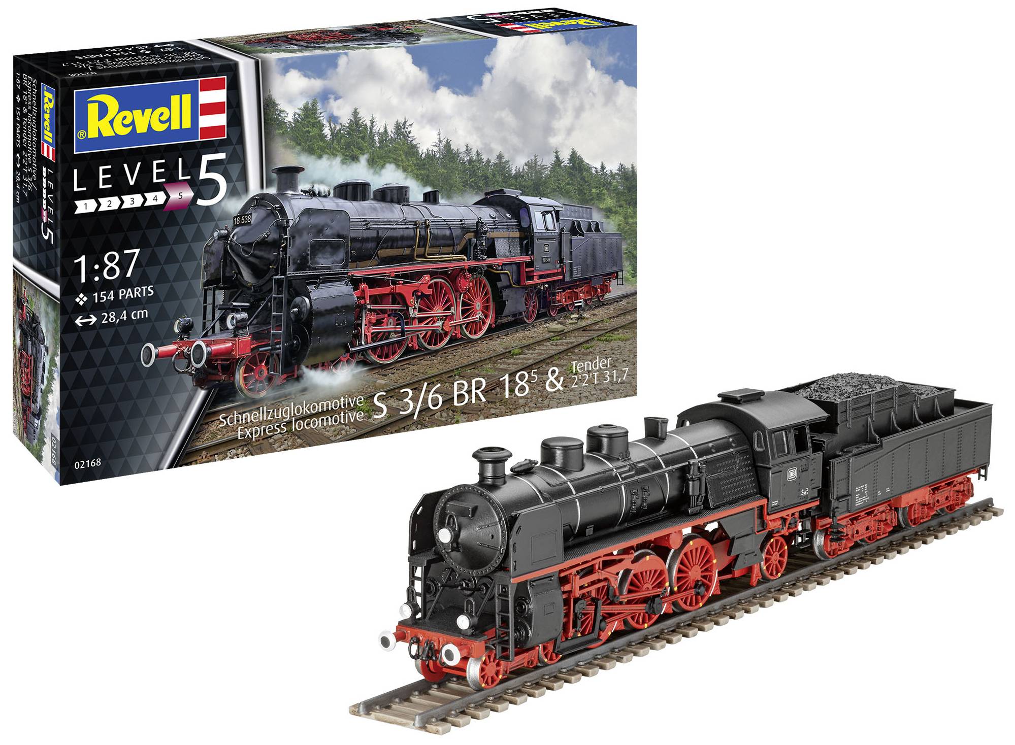 Revell Modellbausatz einer Dampflok: Schwarze Lokomotive mit roten Details, auf Gleisen stehend. Verpackung zeigt identische Lok.