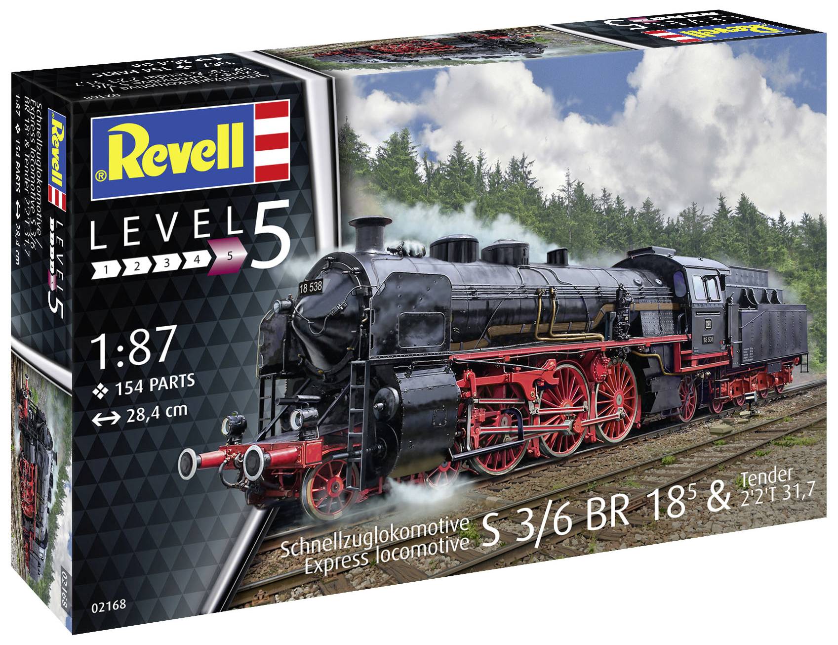 Verpackung eines Revell-Modellbausatzes: Schnellzuglokomotive S 3/6 BR 18 mit Tender, Maßstab 1:87, 154 Teile.