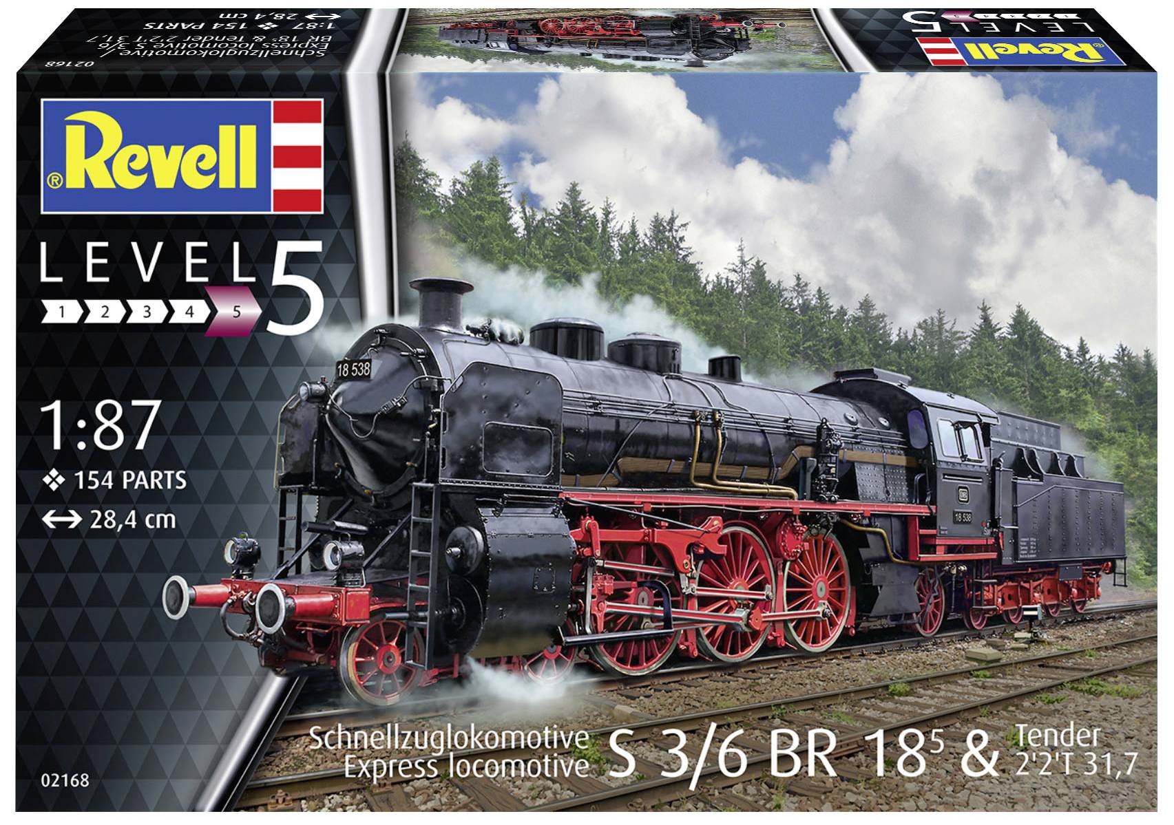 Modellbausatz-Verpackung: Eine schwarze und rote Dampflokomotive auf Gleisen vor Bäumen. Beschriftung: 'Schnellzuglokomotive S 3/6 BR 18'.