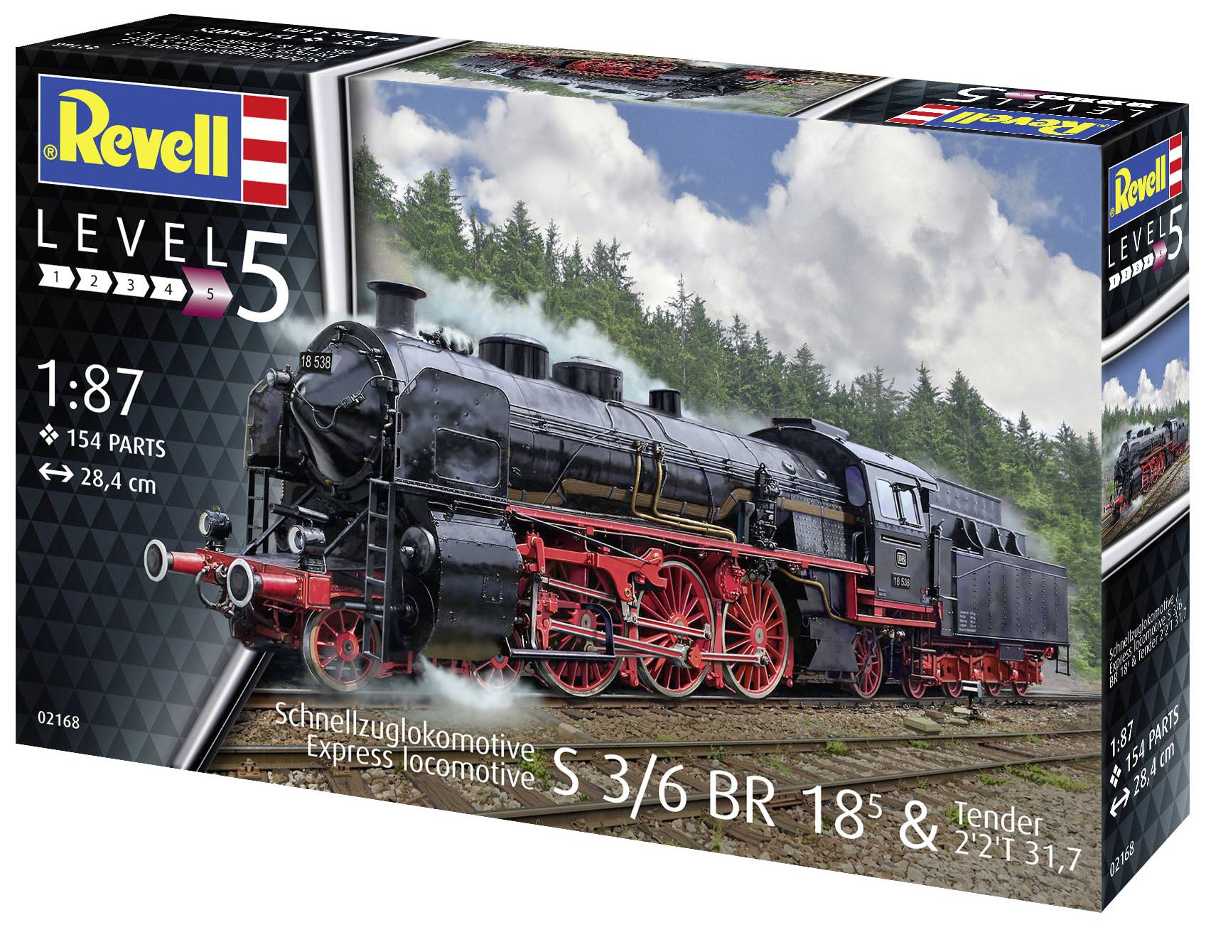 Modellbausatz einer Schnellzuglokomotive S 3/6 BR 18 in 1:87 Maßstab von Revell, Level 5 Schwierigkeitsgrad, 154 Teile.