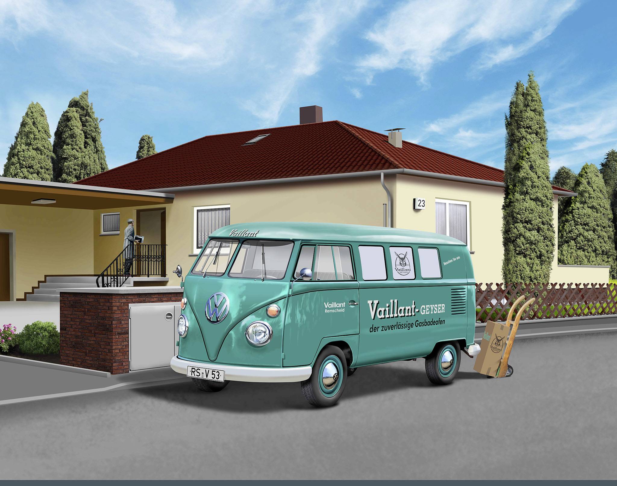Ein türkisfarbener VW-Bus mit der Aufschrift 'Vaillant-Geyser' steht vor einem Haus in einer Wohngegend. Eine Schubkarre ist daneben.