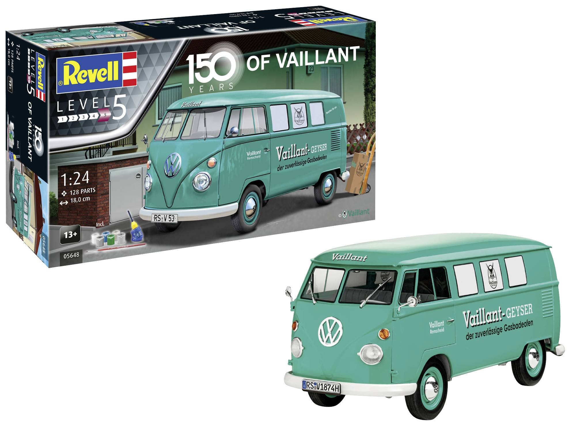 Modellbausatz eines grünen VW Transporters mit 'Vaillant'-Aufdruck. Box zeigt detailliertes Modell mit Aufschrift '150 Years of Vaillant'.