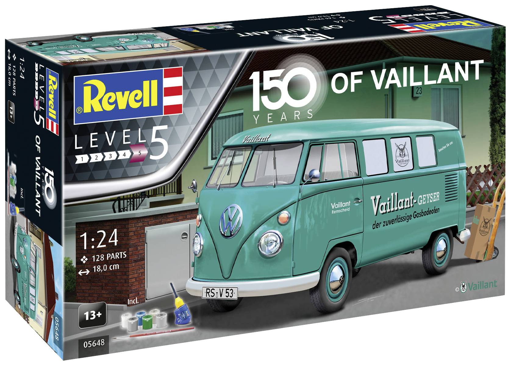 Revell Modellbausatz eines grünen VW Transporters im Maßstab 1:24, 150 Jahre Vaillant-Edition. Enthält 128 Teile, Schwierigkeitsgrad Level 5. Ab 13 Jahren.