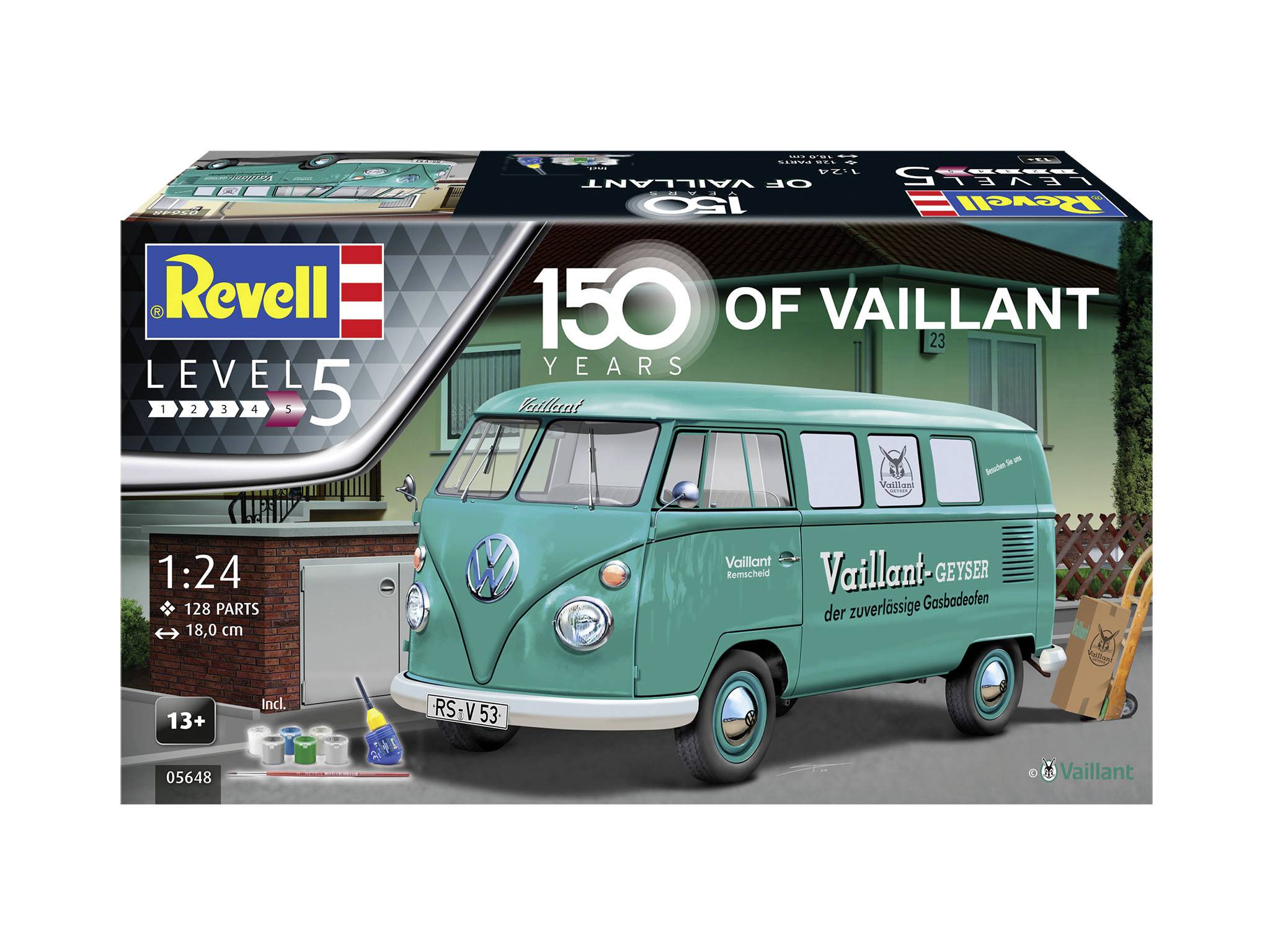 Bausatz eines grünen VW-Transporters mit 'Vaillant' Beschriftung, Maßstab 1:24, 150 Jahre Jubiläumsedition, 128 Teile.