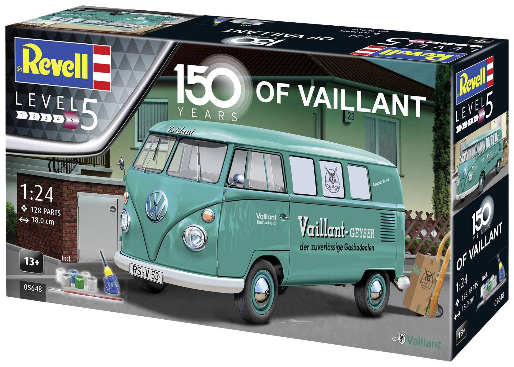 Revell Modellbausatz eines türkisfarbenen VW-Busses im Maßstab 1:24, gewidmet 150 Jahre Vaillant. Enthält 128 Teile für 13+.