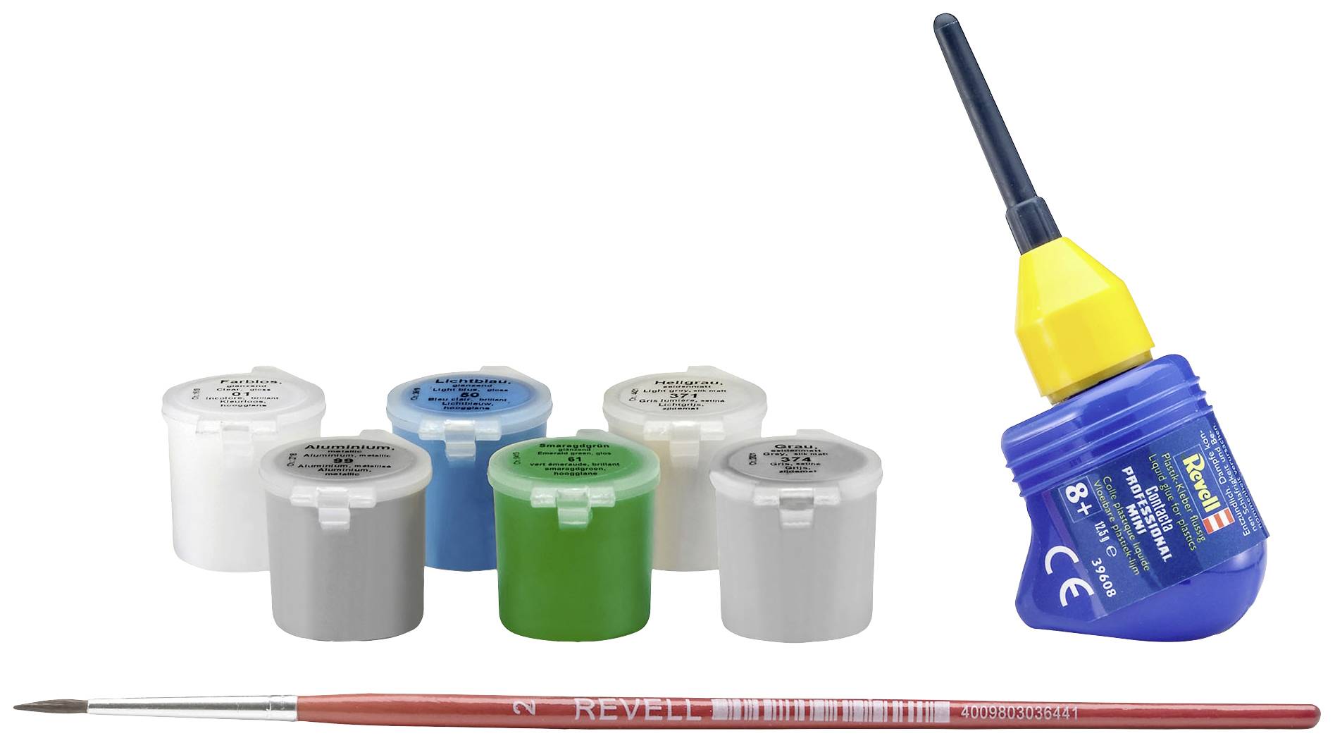 Revell-Acrylfarben, ein Pinsel und Kleber: Weiß, Schwarz, Blau, Grün, Grau. Modellbau-Zubehör.
