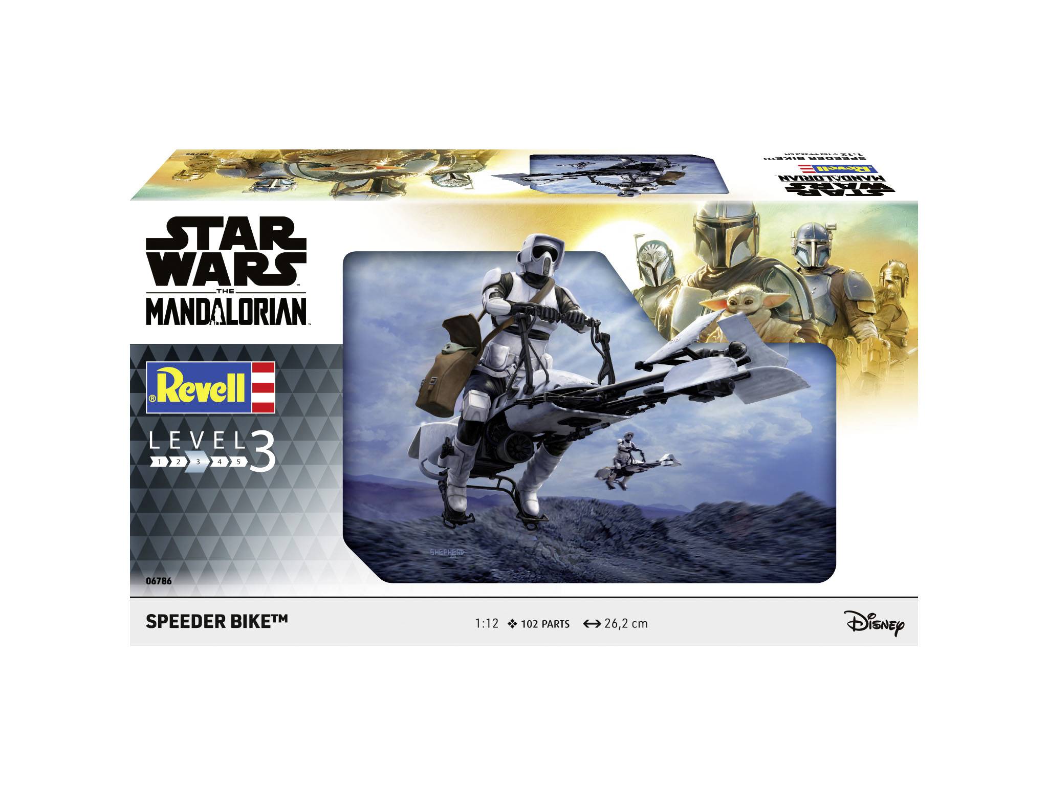 'Star Wars Mandalorian' Modellbausatz von Revell, Level 3, zeigt einen Speeder Bike vor einer Berglandschaft. Enthält 902 Teile.