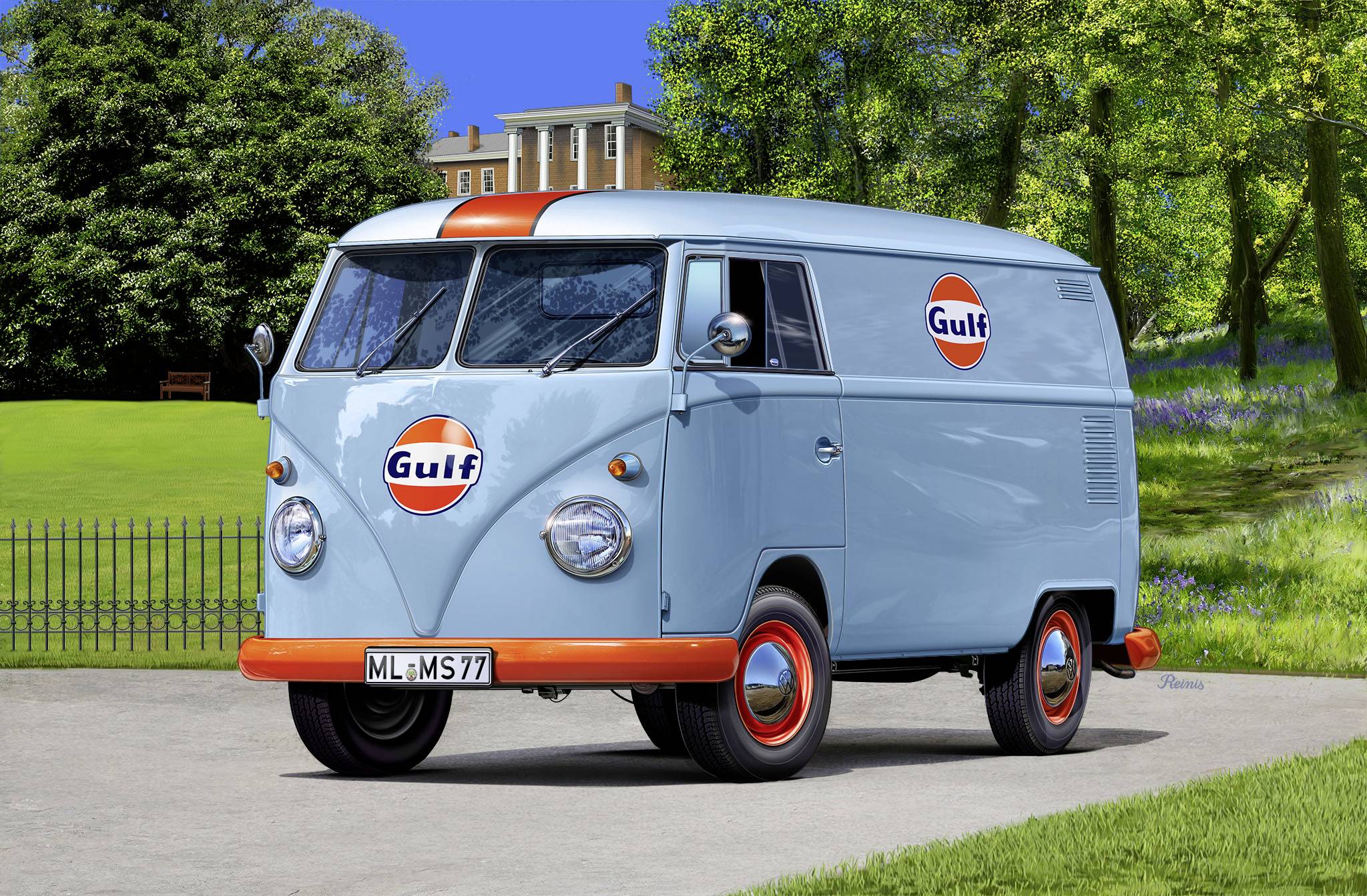 Retro blauer Lieferwagen mit orangefarbenem Streifen und ‘Gulf’-Logo, steht auf einem Weg vor einem grünen Park und einem Gebäude im Hintergrund.