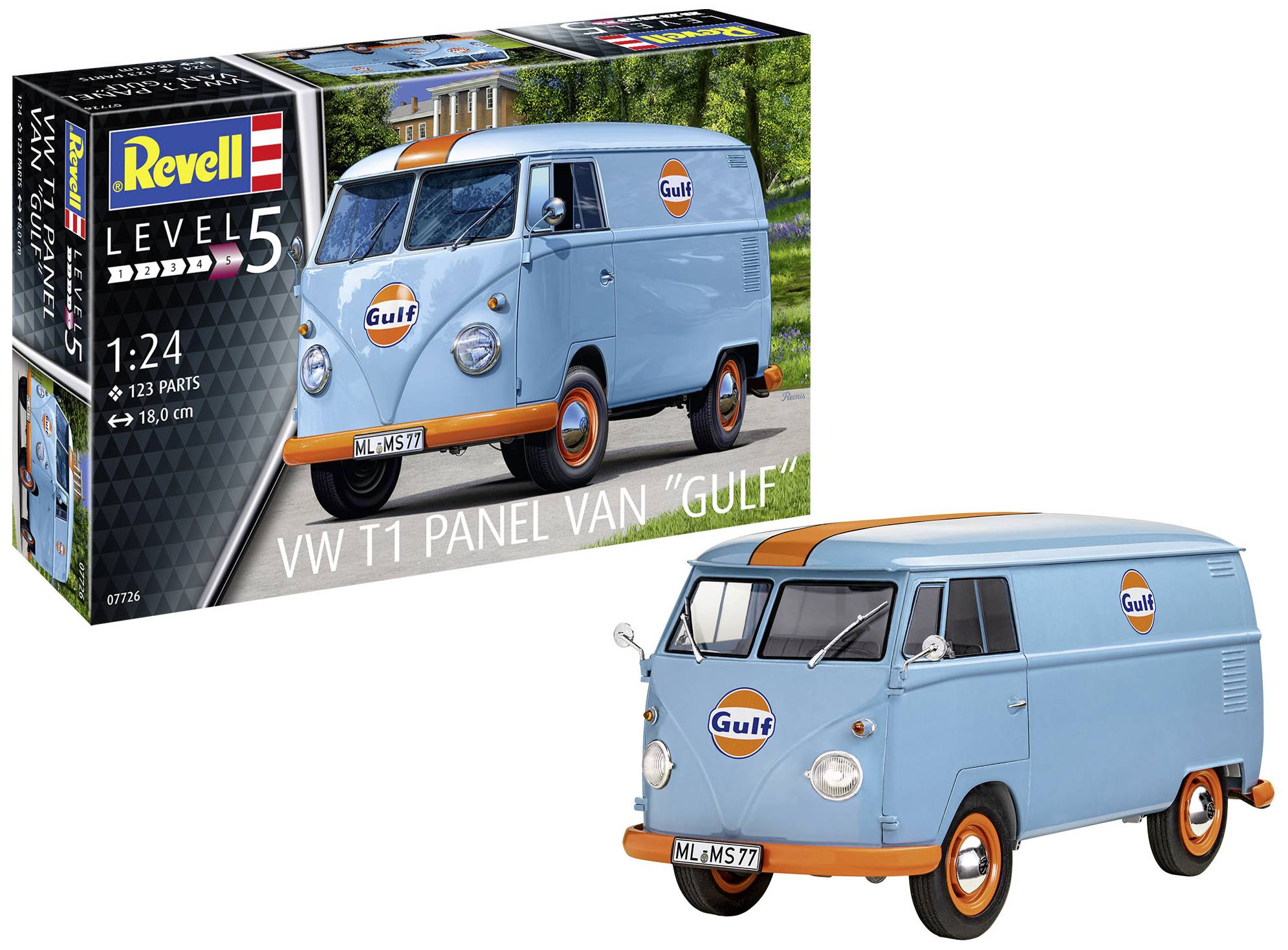 Bausatz eines VW T1 Transporters im Maßstab 1:24 mit Gulf-Logo, bestehend aus 123 Teilen. Das Modell zeigt einen blauen Van.