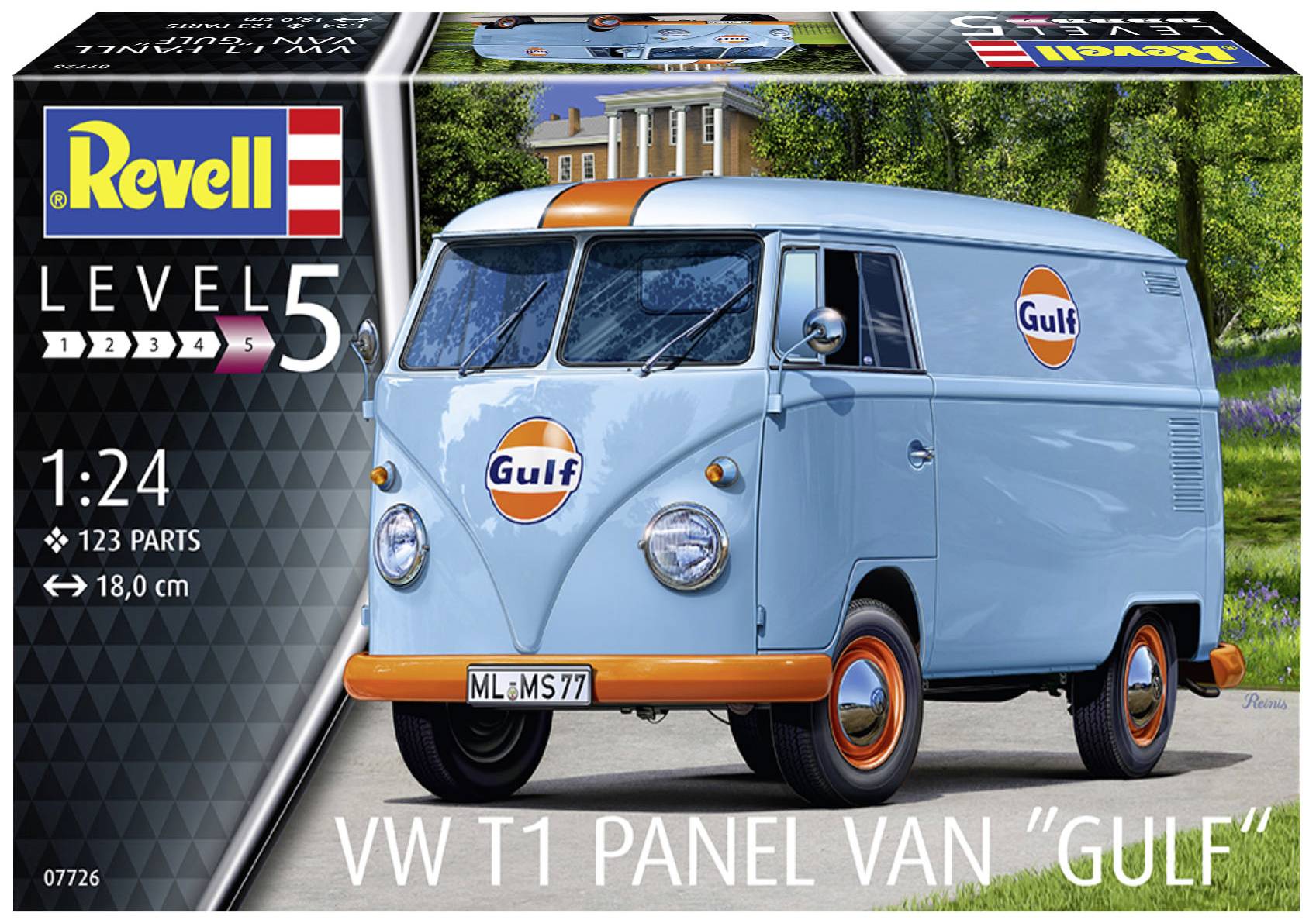 Ein hellblauer VW T1 Panel Van mit 'Gulf'-Logo. Modellbausatz von Revell in Maßstab 1:24, 123 Teile, Level 5, 18 cm lang.