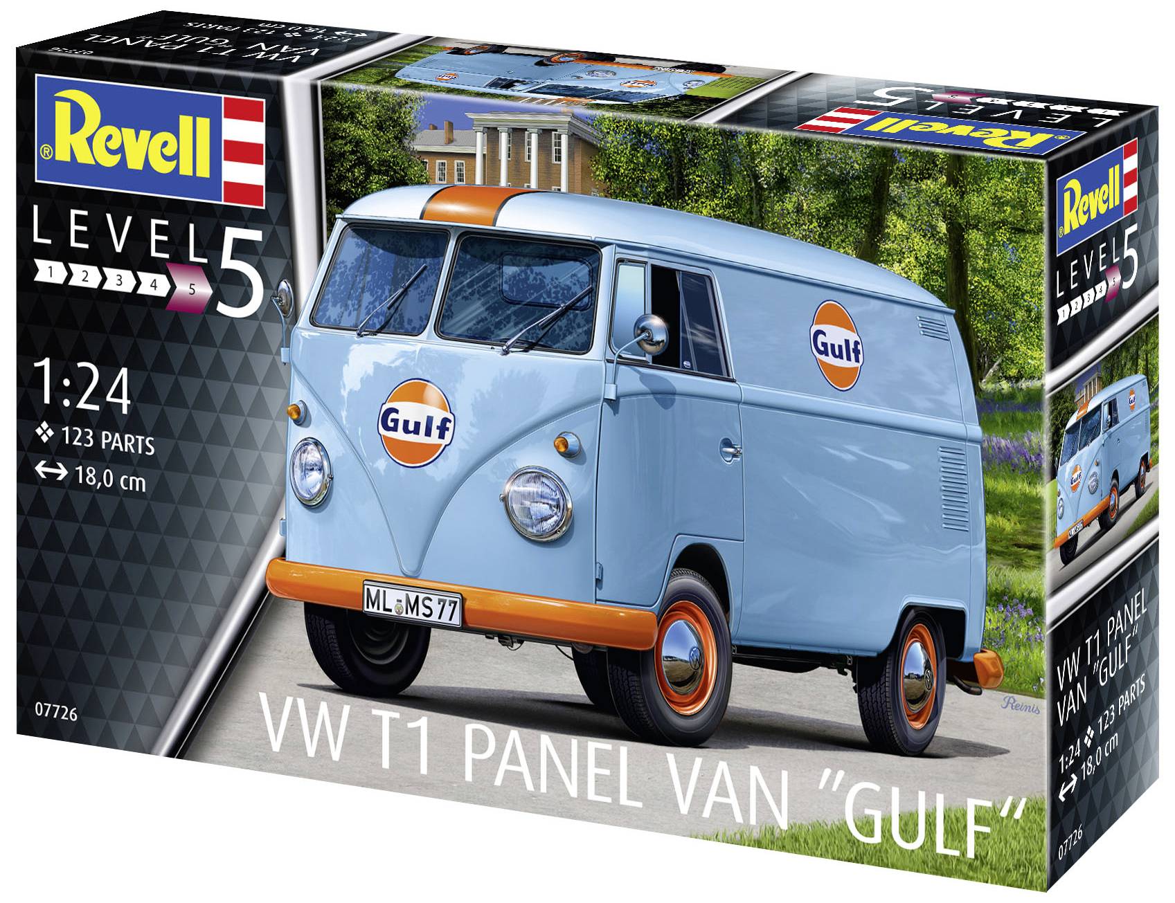 Modellbausatz eines blauen VW T1 Panel Van mit 'Gulf'-Logo auf der Motorhaube. Verpackung zeigt das fertige Modell mit Detailangaben.