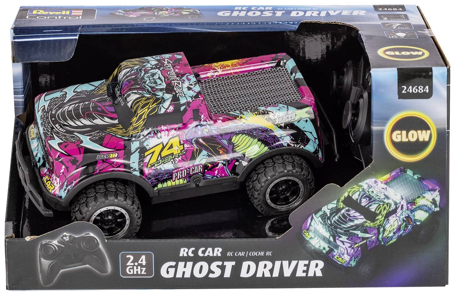 Spielzeugauto im Karton mit buntem Graffiti-Design, Aufschrift '74', Fernbedienung abgebildet, Text 'RC Car Ghost Driver' auf Verpackung.