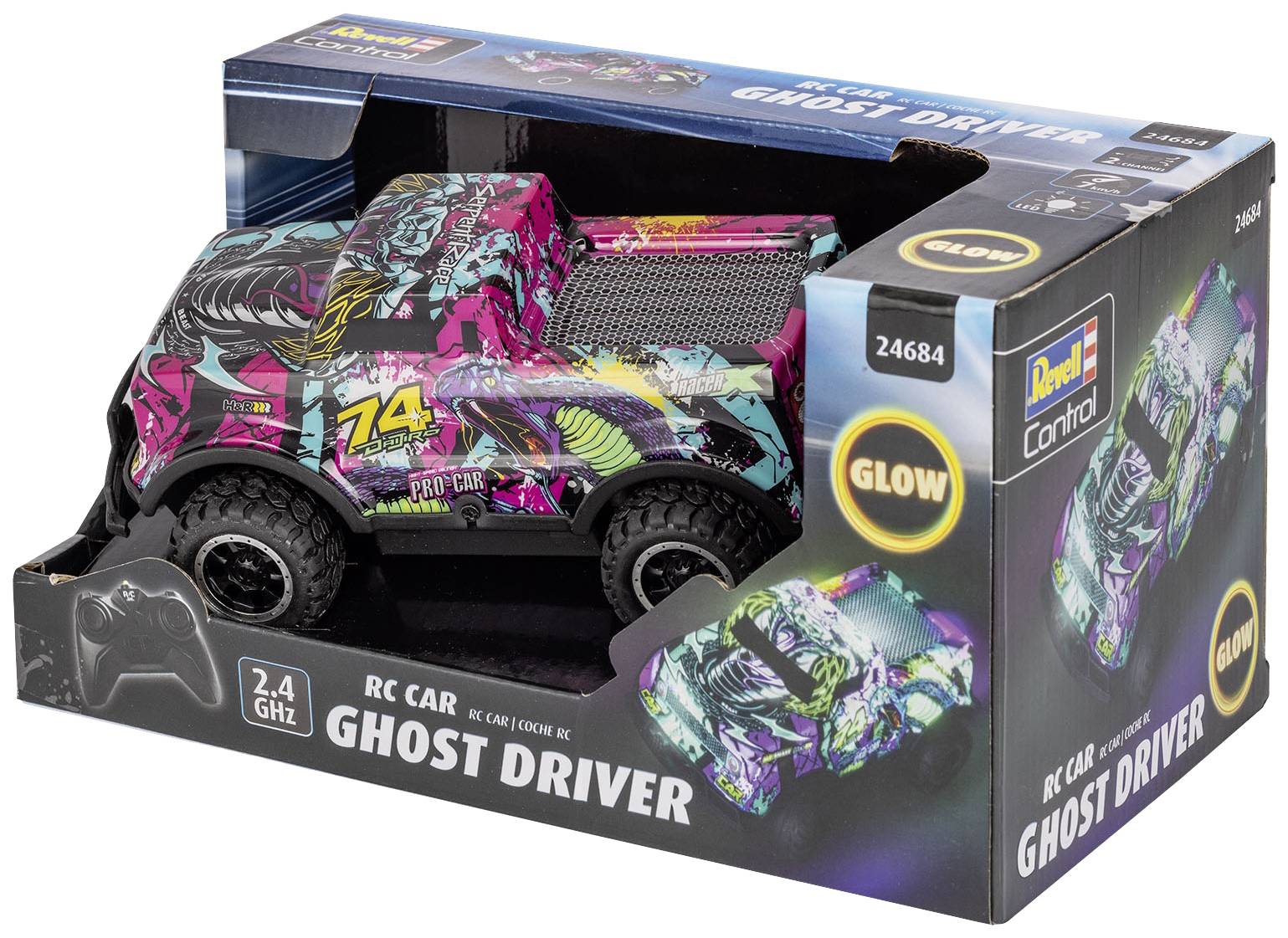 RC-Auto 'Ghost Driver' mit dekorativem, buntem Design, 2,4 GHz Funksteuerung, im Karton verpackt. Spielzeugauto mit Leuchtfunktion.