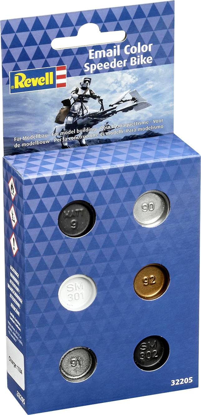 Verpackung von Revell Email Color-Farben. Sechs Farben im Set: Schwarz, Grau, Silber, Weiß, Kupfer und Gold. Für Modellbau.