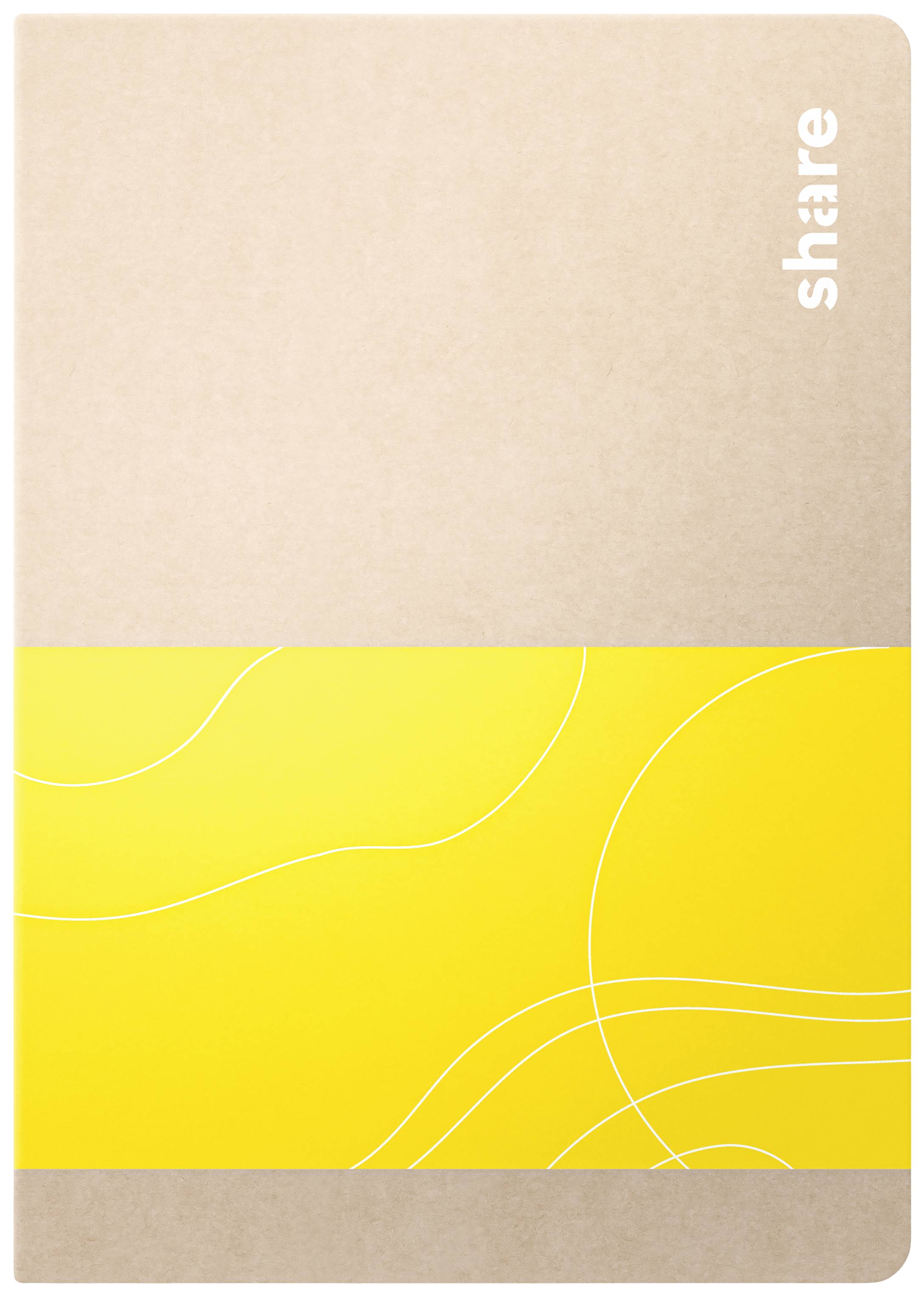 Ein Notizbuch mit braunem Einband und gelbem Streifen mit weißen Linien. Aufschrift 'share' in der oberen Ecke.