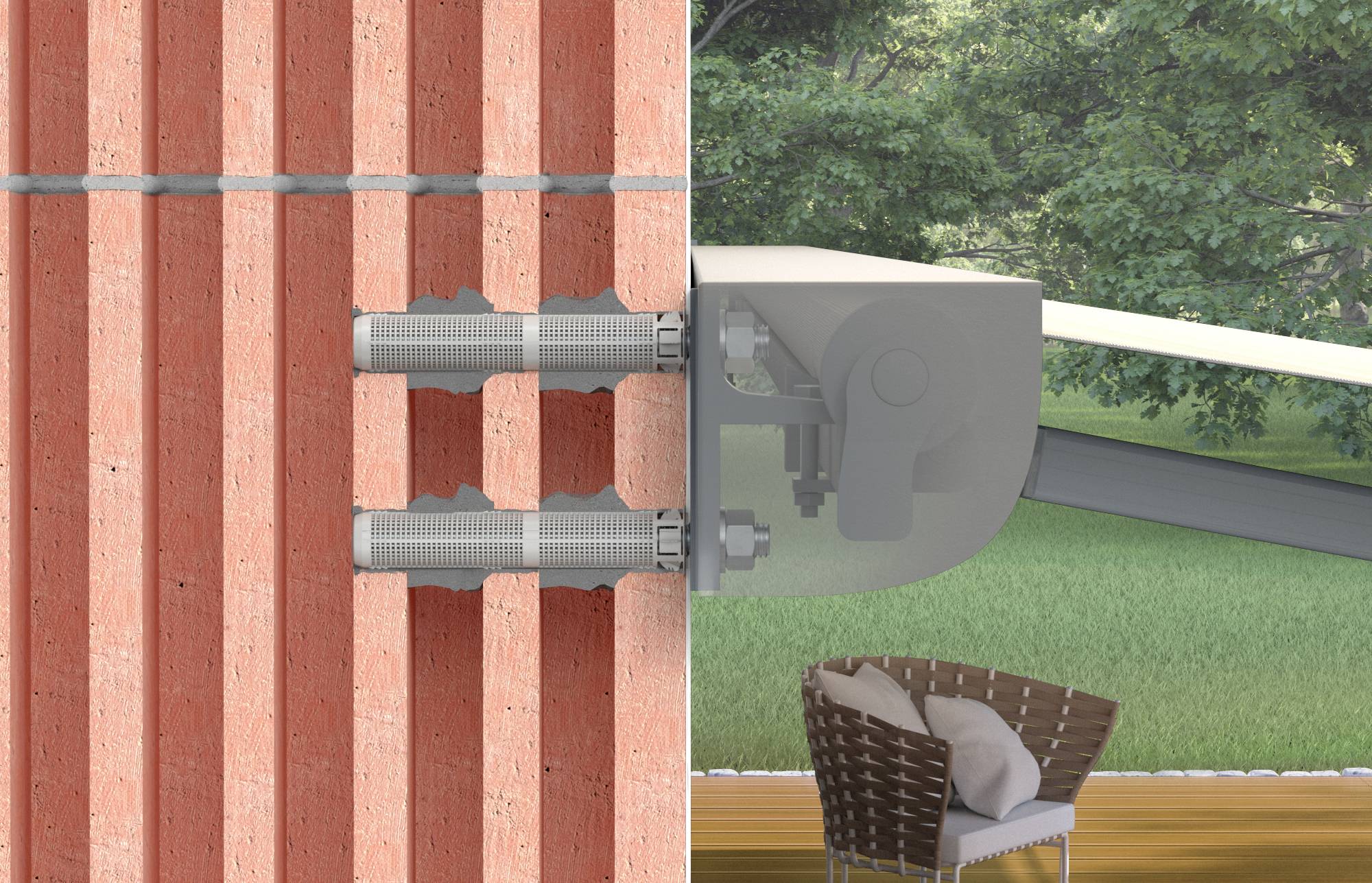 Links ziegt eine Ziegelwand mit Ankern, rechts eine Terrasse mit Korbsessel und Rasen im Hintergrund.