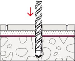 Eine Bohrmaschine bohrt durch eine Bodenplatte in Beton, dargestellt durch schematische Zeichnung mit rotem Pfeil nach unten.