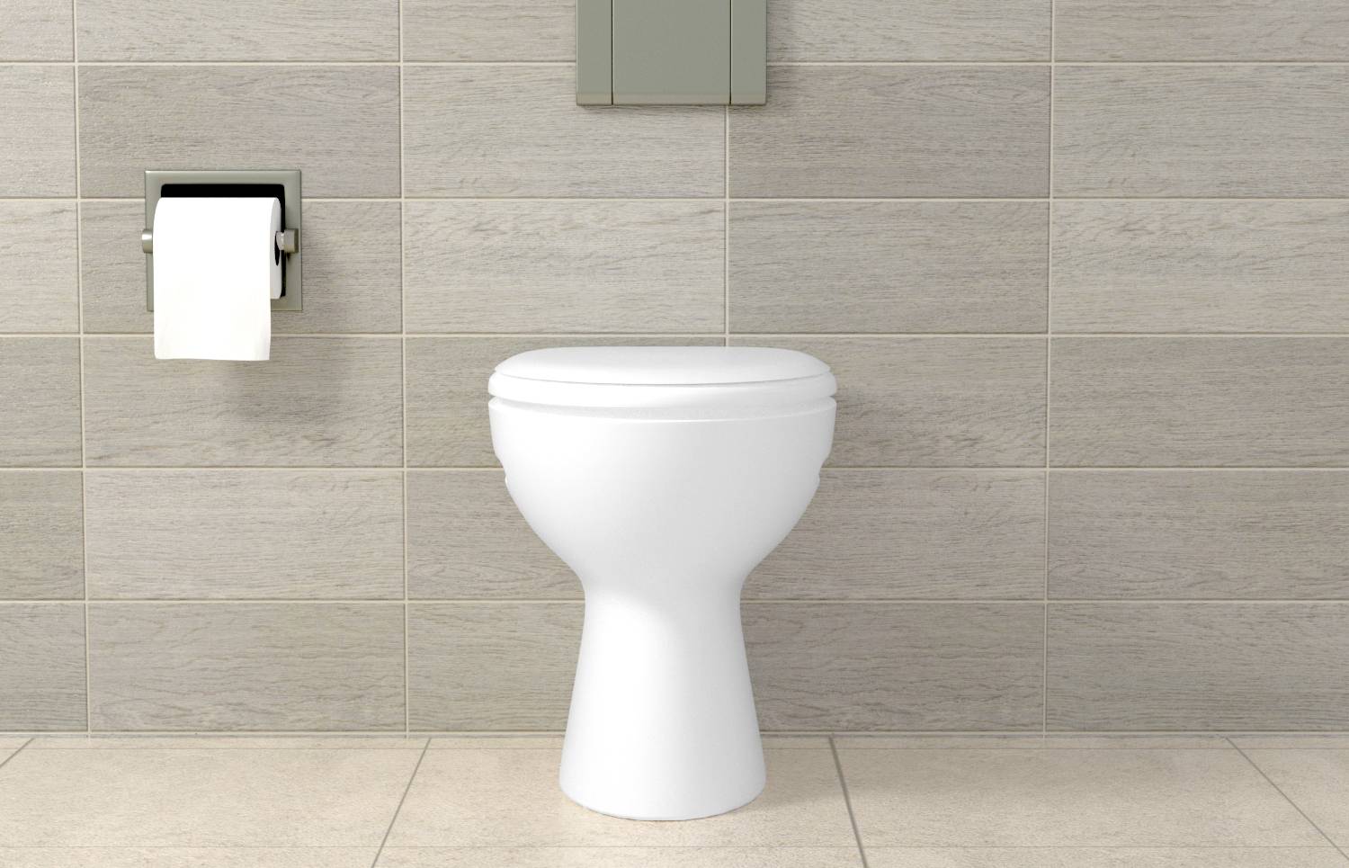 Weiße Toilettenschüssel vor einer gefliesten Wand mit einer Toilettenpapierrolle links.
