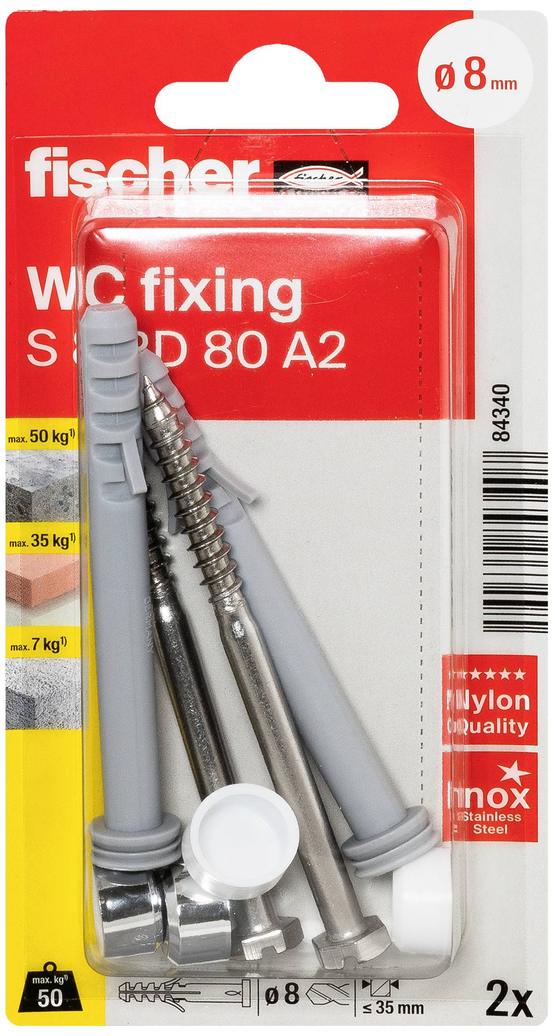 Verpackung mit Dübel-Set von Fischer. Enthält zwei Schrauben und Dübel zur Befestigung von WC. Passend für Durchmesser 8 mm.