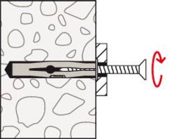 Abbildung eines Dübels in einer Wand, der durch Drehen einer Schraube gesichert wird. Pfeil zeigt Drehrichtung der Schraube.