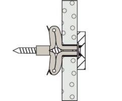 Diagramm einer Klappdübelbefestigung in einer Wand. Zeigt eine Schraube, die durch einen Klappmechanismus in der Wand verankert ist.