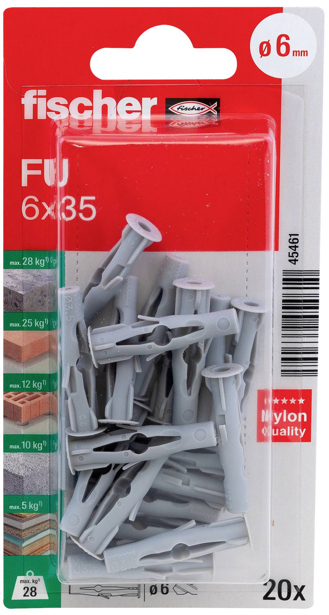 Packung mit 20 grauen Fischer FU 6x35 Nylon-Dübeln, geeignet für Beton, Mauerwerk und Ziegel. Maximale Tragkraft: 28 kg.