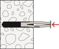 Abbildung eines Kippdübels, der in einer Wand verankert ist. Zeigt den Dübelschaft und den Anker, die hinter der Wand entfaltet sind.
