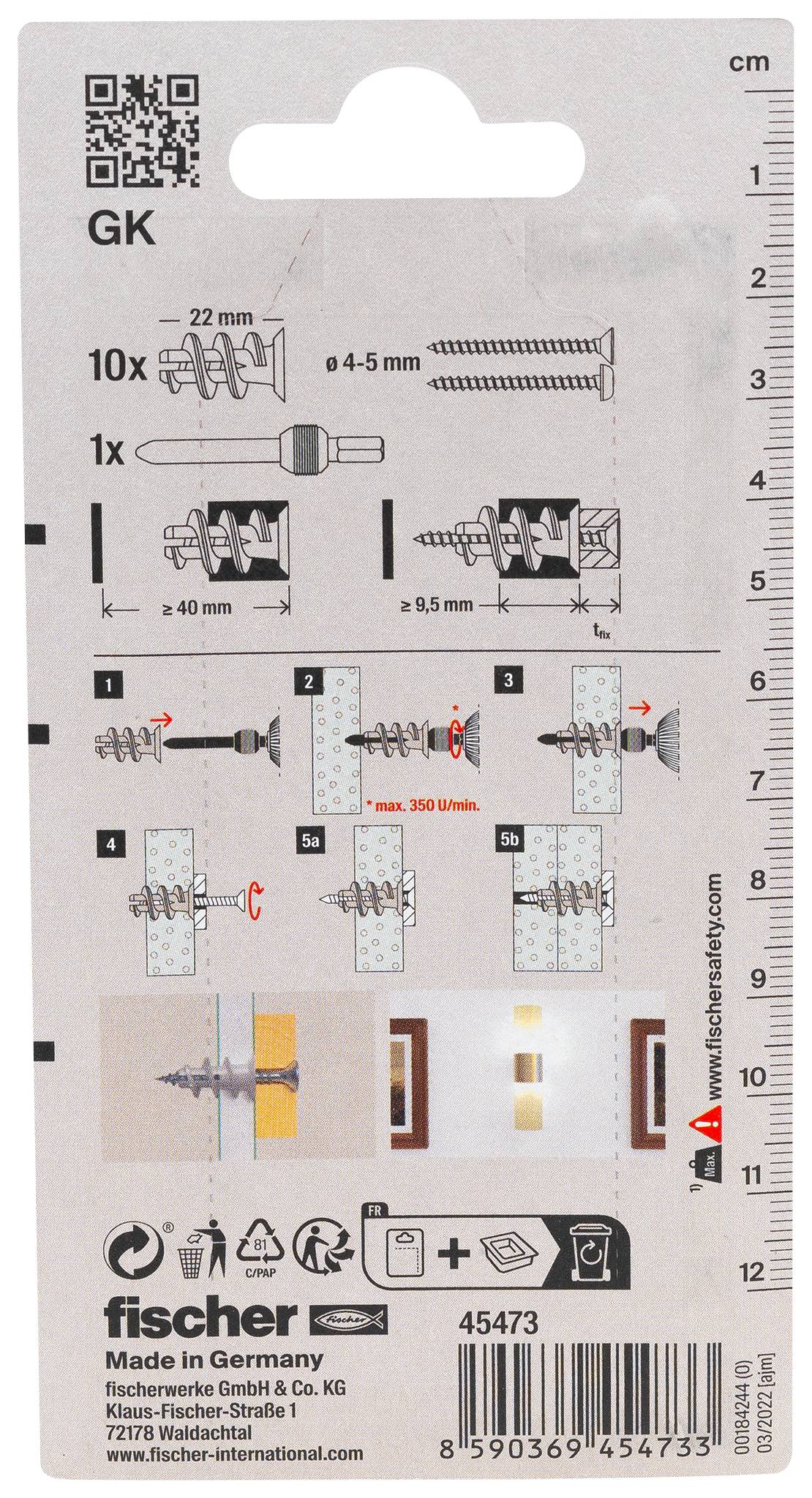 Fischer 045473 GK K NV Gipskartondübel 22mm 1 Set