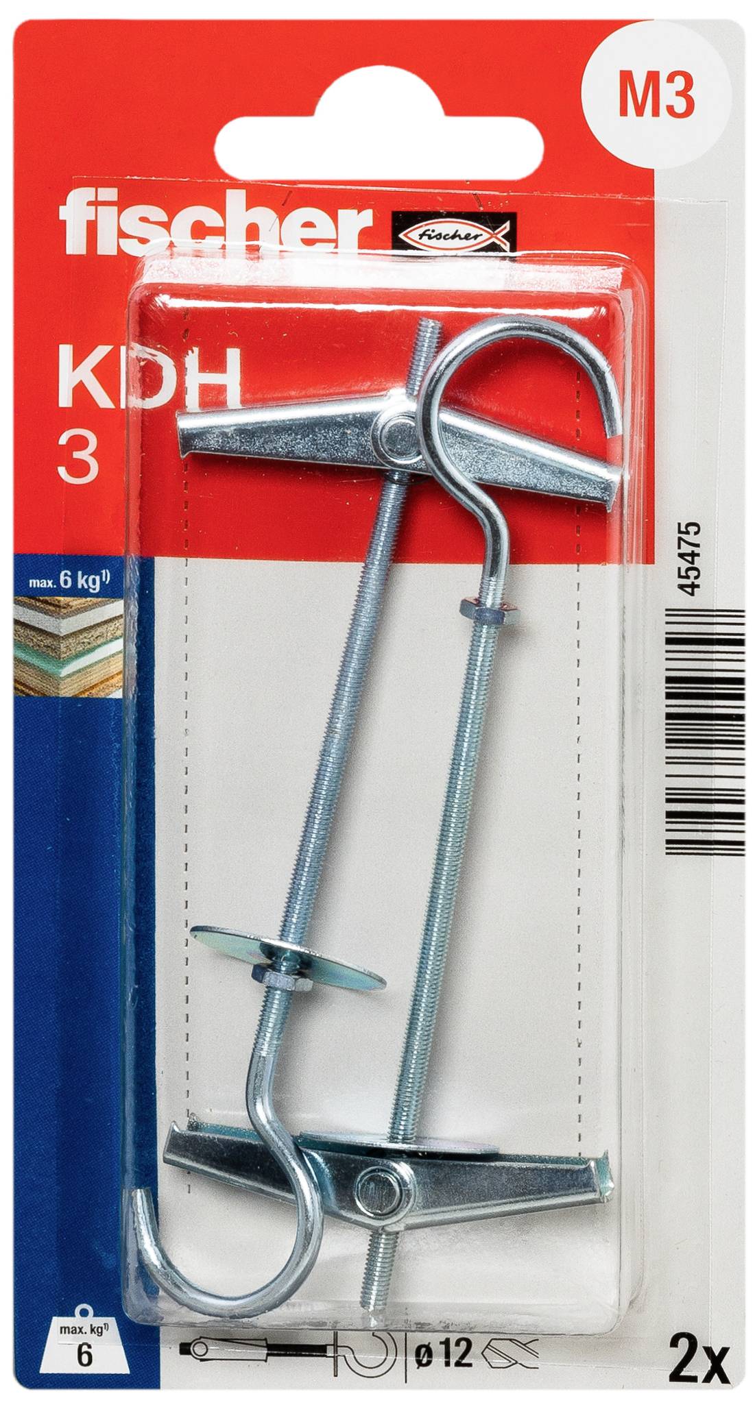 Metallspreizdübel auf einer rot-blauen Verpackung, Marke 'fischer', Modell 'KDH 3', für bis zu 6 kg geeignet, enthält 2 Stück.