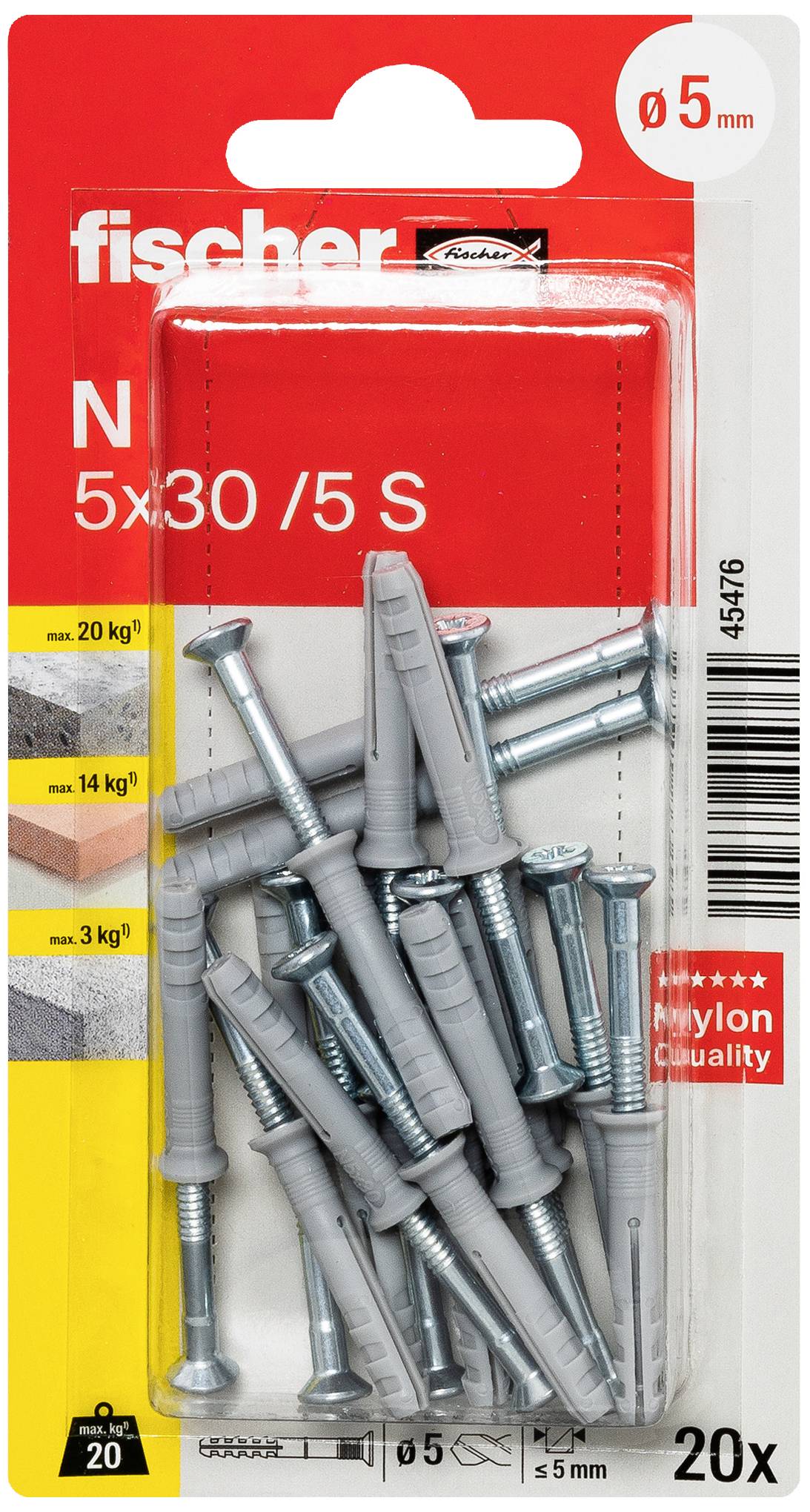 'Fischer' Dübel-Set, Größe Ø 5 mm. Enthält 20 Dübel mit passenden Schrauben in Blisterverpackung. Ideal für 5 mm Bohrlöcher.