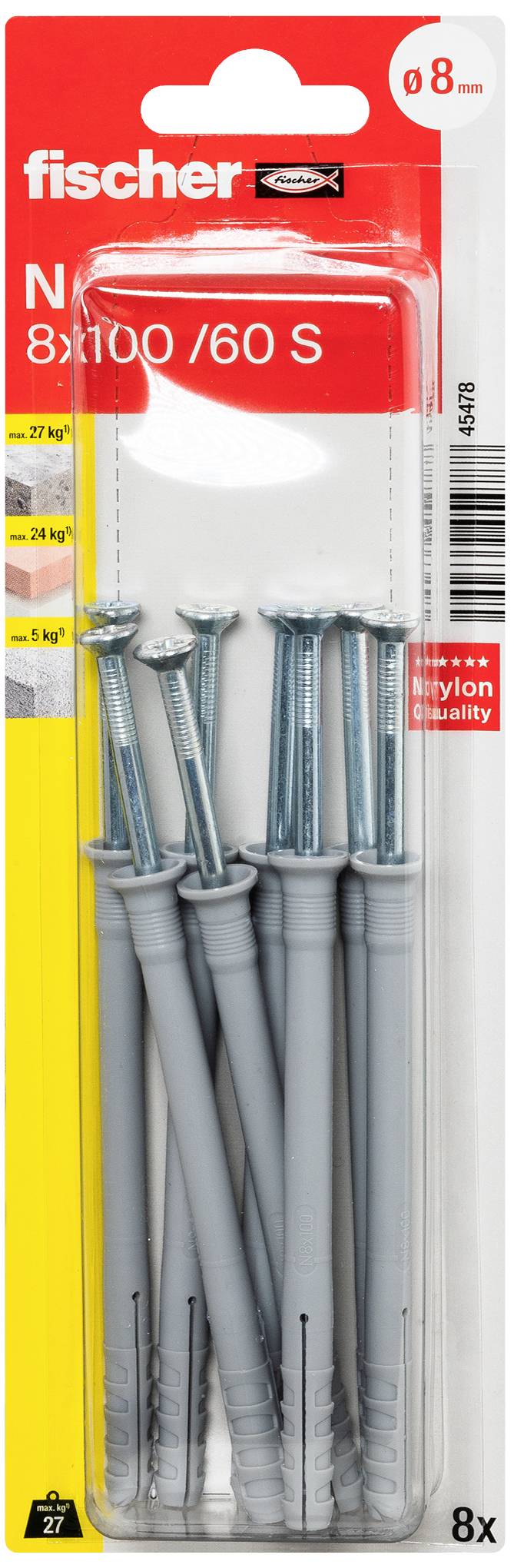 Acht Fischer 8x100 /60 S Dübel und Schrauben in einer roten und gelben Verpackung, geeignet für 27 kg an Mauerwerk, Beton oder Ziegel.