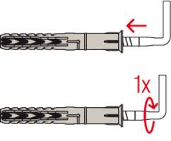 Zwei Anleitungen zur Montage eines Dübels: Oben zeigt einen Pfeil nach rechts, unten 1x einen Schraubenschlüssel im Uhrzeigersinn drehen.