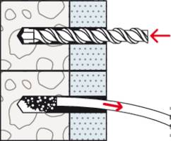 Abbildung zeigt einen Bohrer, der eine Wand durchdringt. Rechts ist ein Kunststoffdübel dargestellt. Pfeile zeigen Bohrrichtung.
