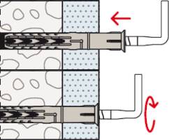 'Diagramm zur Wandverankerung': Ein Spreizdübel und eine Schraube werden rechtsdrehend in eine Wand befestigt.
