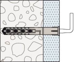Abbildung eines Dübels, der in eine Wand eingeführt wird. Links sind Mauerwerk und Dübel sichtbar, rechts eine Schraube im Dübel.